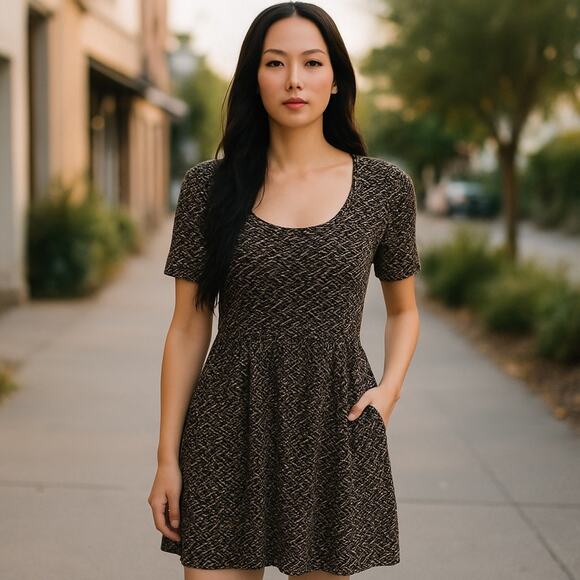 Saturday Sunday Anthropologie Black White Gray Knit Dress Size Medium Scoop Neck - Picture 1 of 9